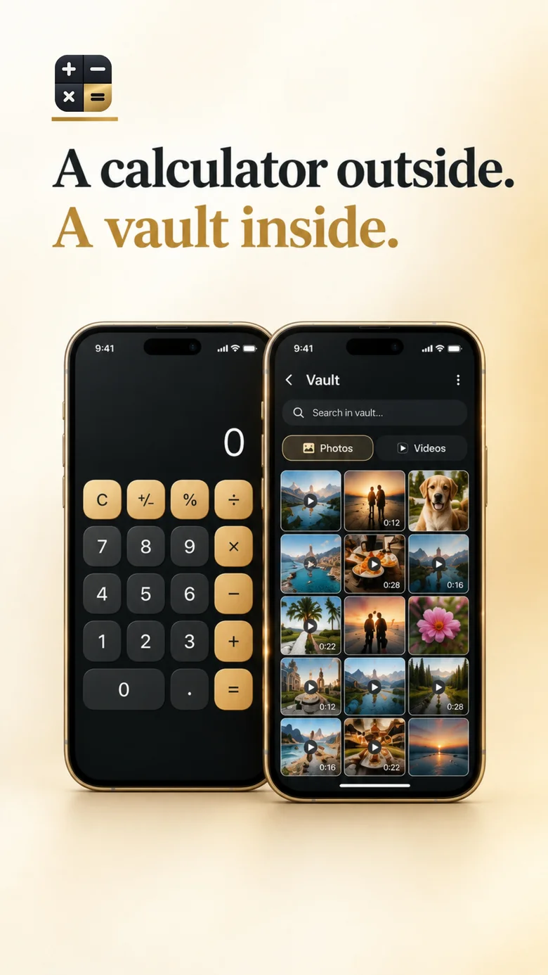 Calculator Hide App disguised as a working calculator, with the hidden photo vault open on a second phone