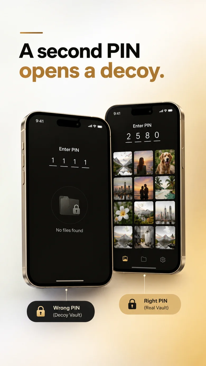 Decoy PIN in Calculator Hide App: a wrong PIN opens an empty fake vault, the real PIN opens your files