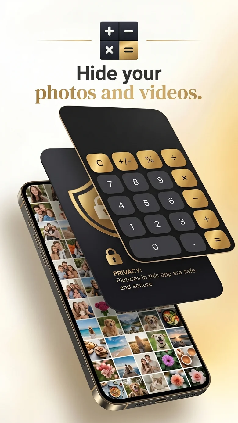 Private photos and videos hidden behind the calculator keypad in Calculator Hide App