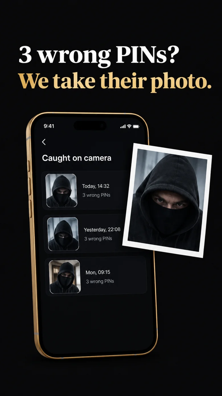 Intruder selfie log in Calculator Hide App showing photos taken after three wrong PIN attempts