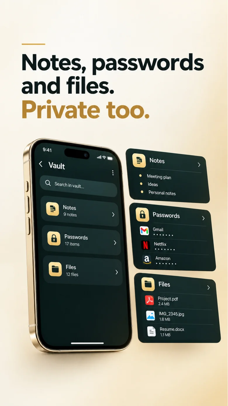 Secure notes, saved passwords and private files stored in the Calculator Hide App vault