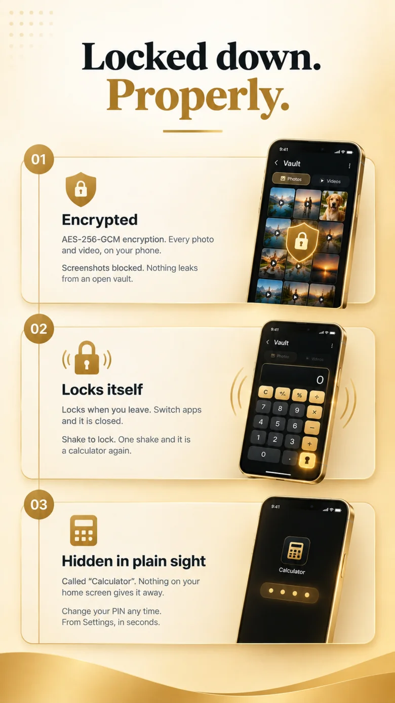 Calculator Hide App security: AES-256 encryption, auto-lock when you leave and a disguised calculator icon