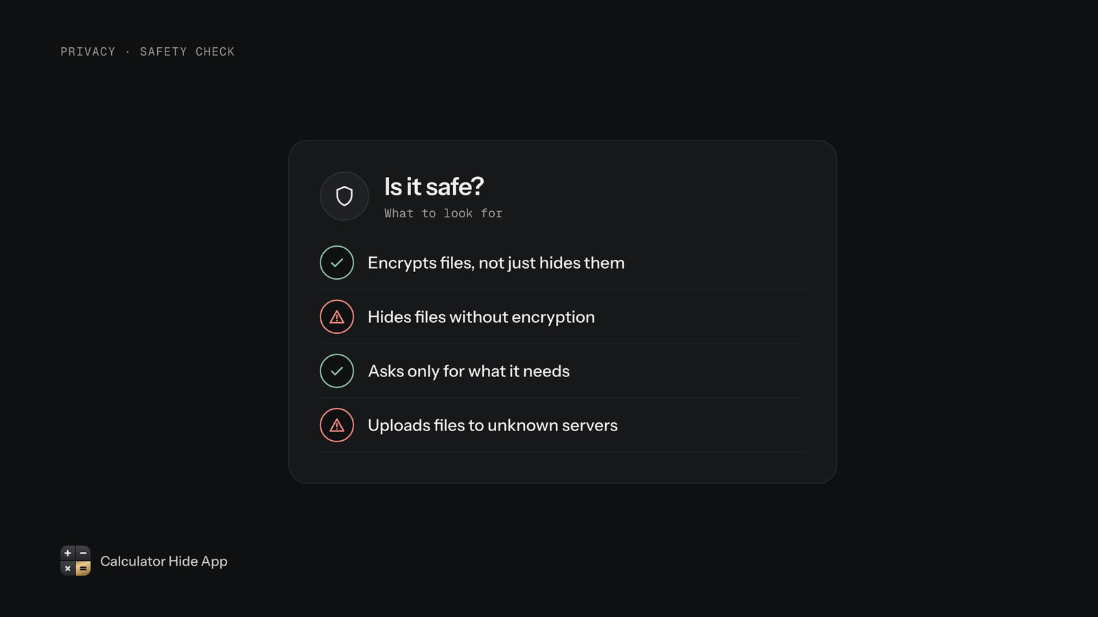 Vault app safety checklist: real encryption and minimal permissions ticked, hide-only apps and unknown servers flagged