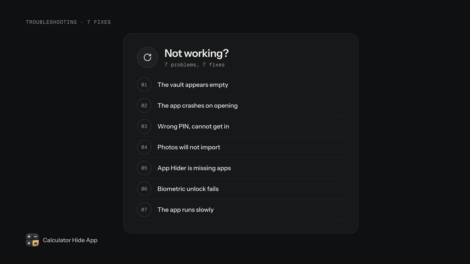 Checklist of seven Calculator Hide App problems, from an empty vault to the app running slowly