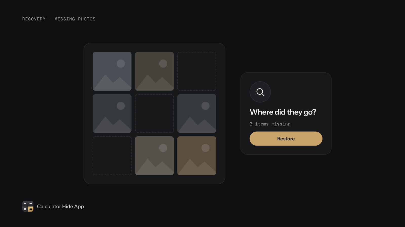 Photo grid with three empty slots next to a card asking where the missing photos went, with a Restore button