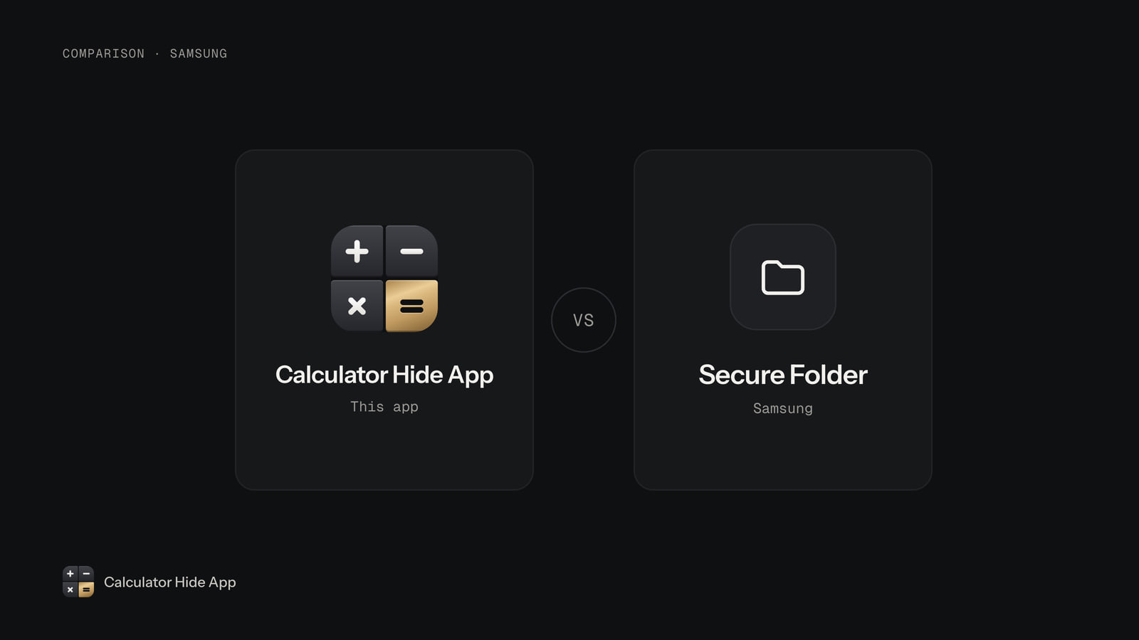 Calculator Hide App icon facing Samsung Secure Folder in a side-by-side comparison