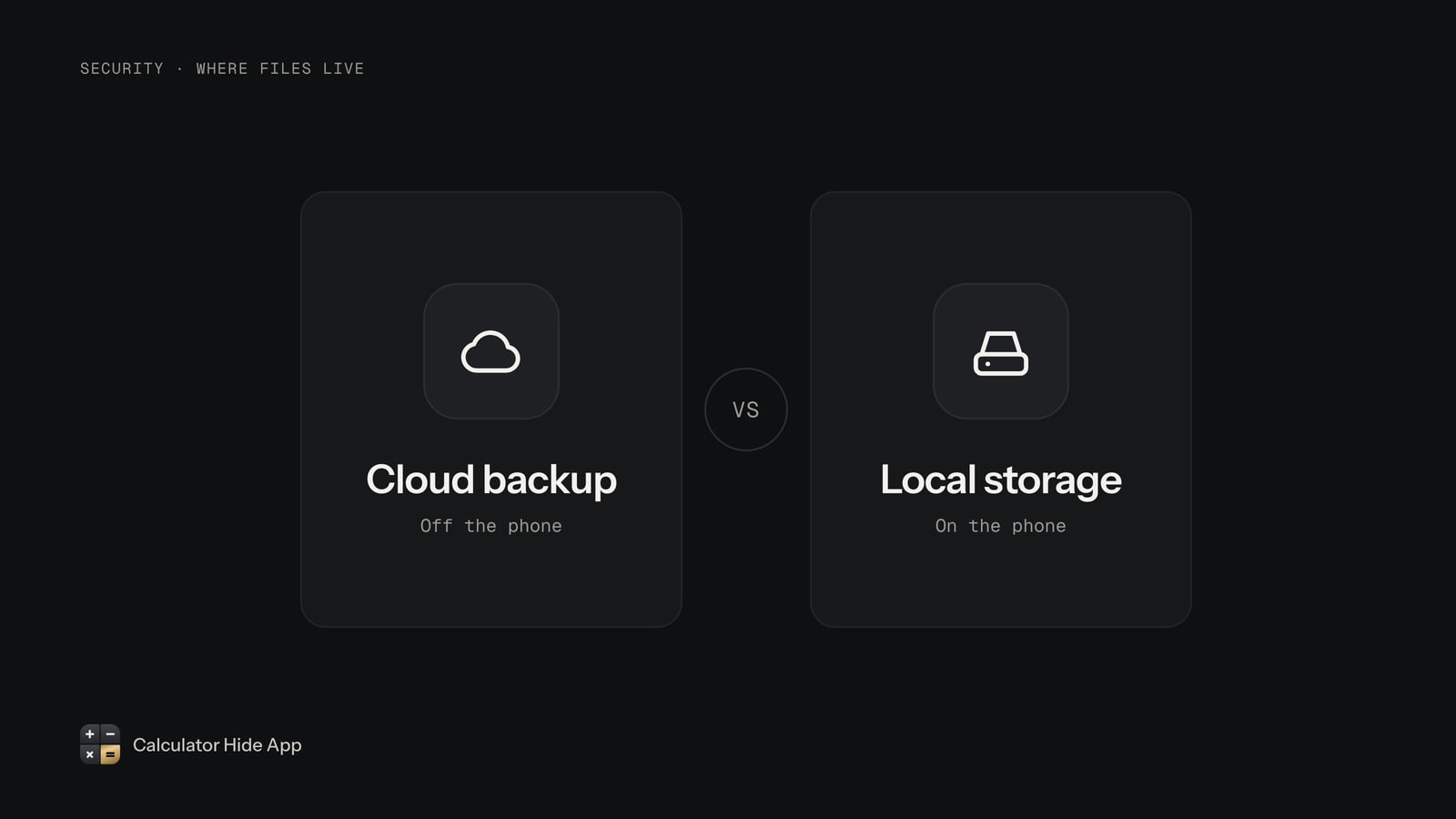 Cloud backup card beside a local storage card, comparing where private files are kept