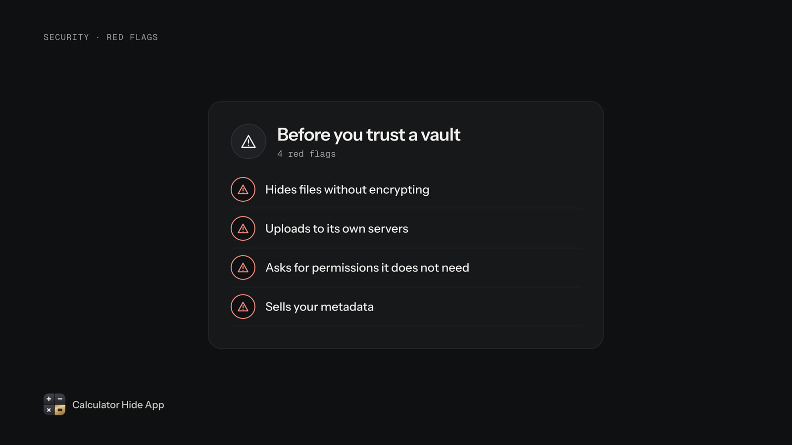 Four red flags in vault apps: no encryption, uploads to servers, excess permissions and selling metadata
