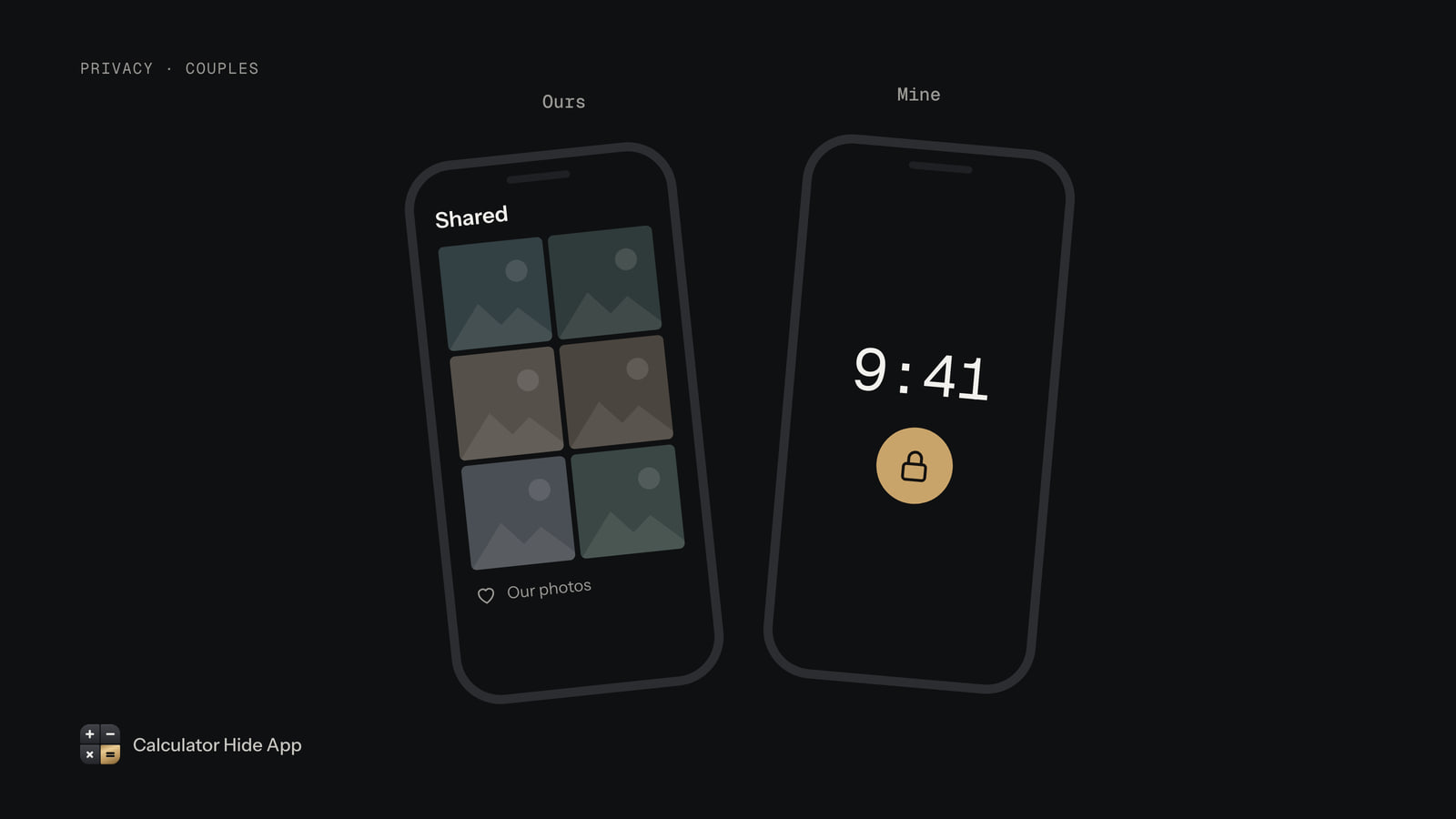 Two phones side by side: one showing shared photos, the other locked and private