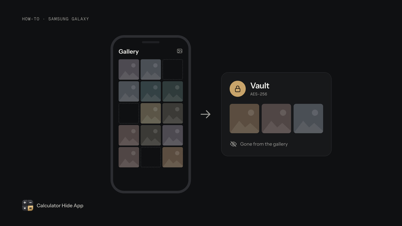 Photos moving from a Samsung Galaxy gallery into a locked AES-256 vault