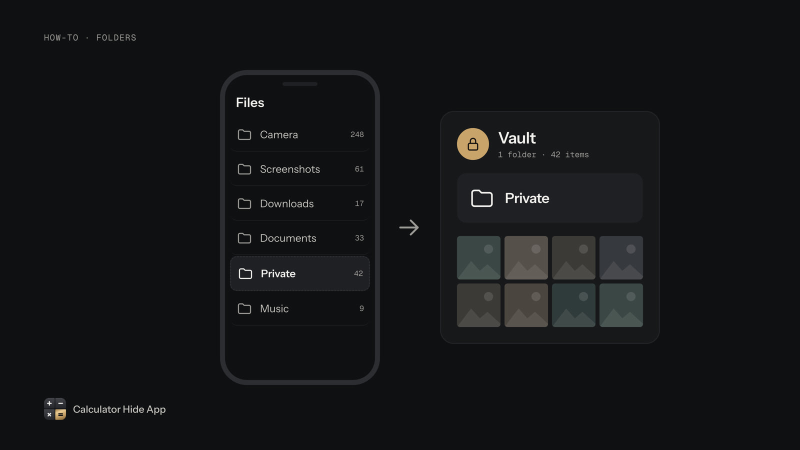 A folder named Private moving from an Android file list into a locked vault