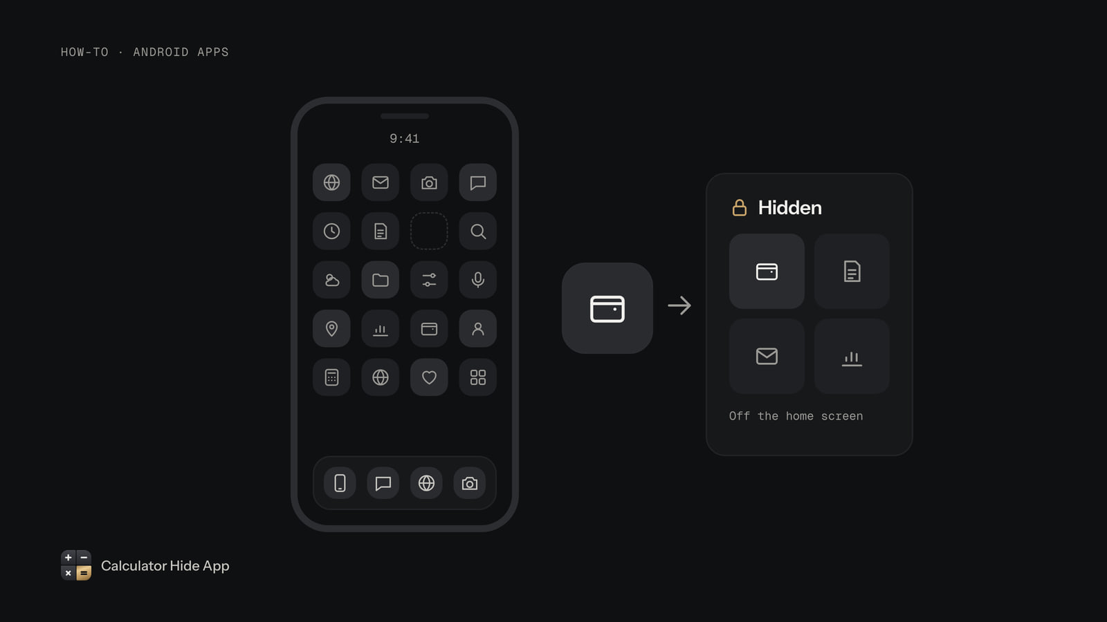 An app lifted off an Android home screen into a locked Hidden folder