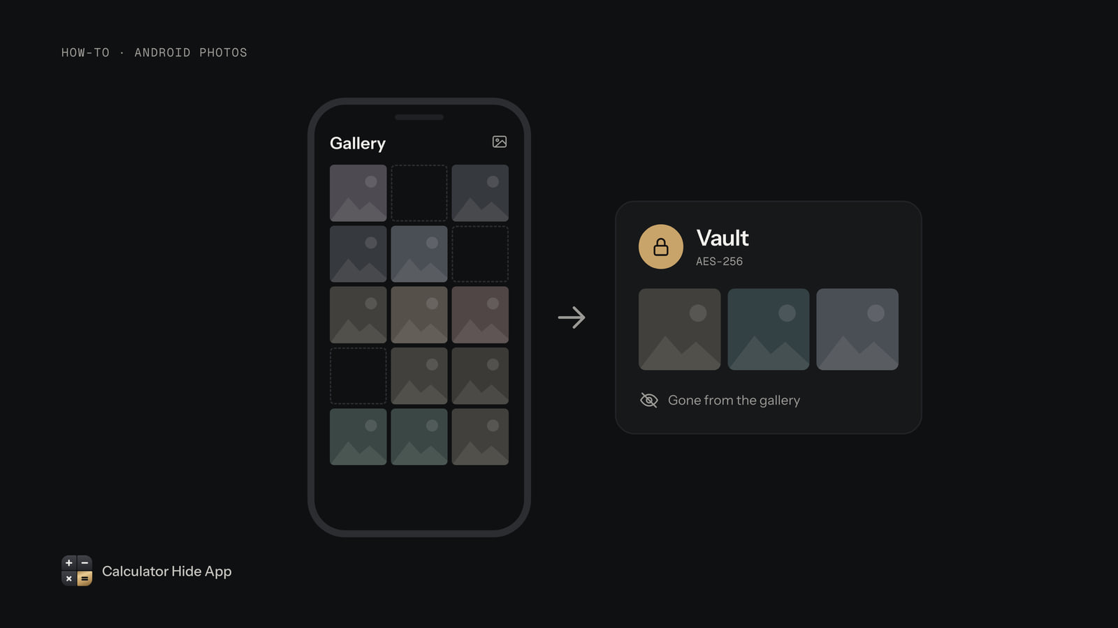 Photos moving from an Android gallery into a locked AES-256 vault