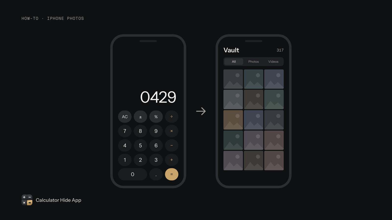 Calculator showing 0429 that opens a private photo vault holding 317 items