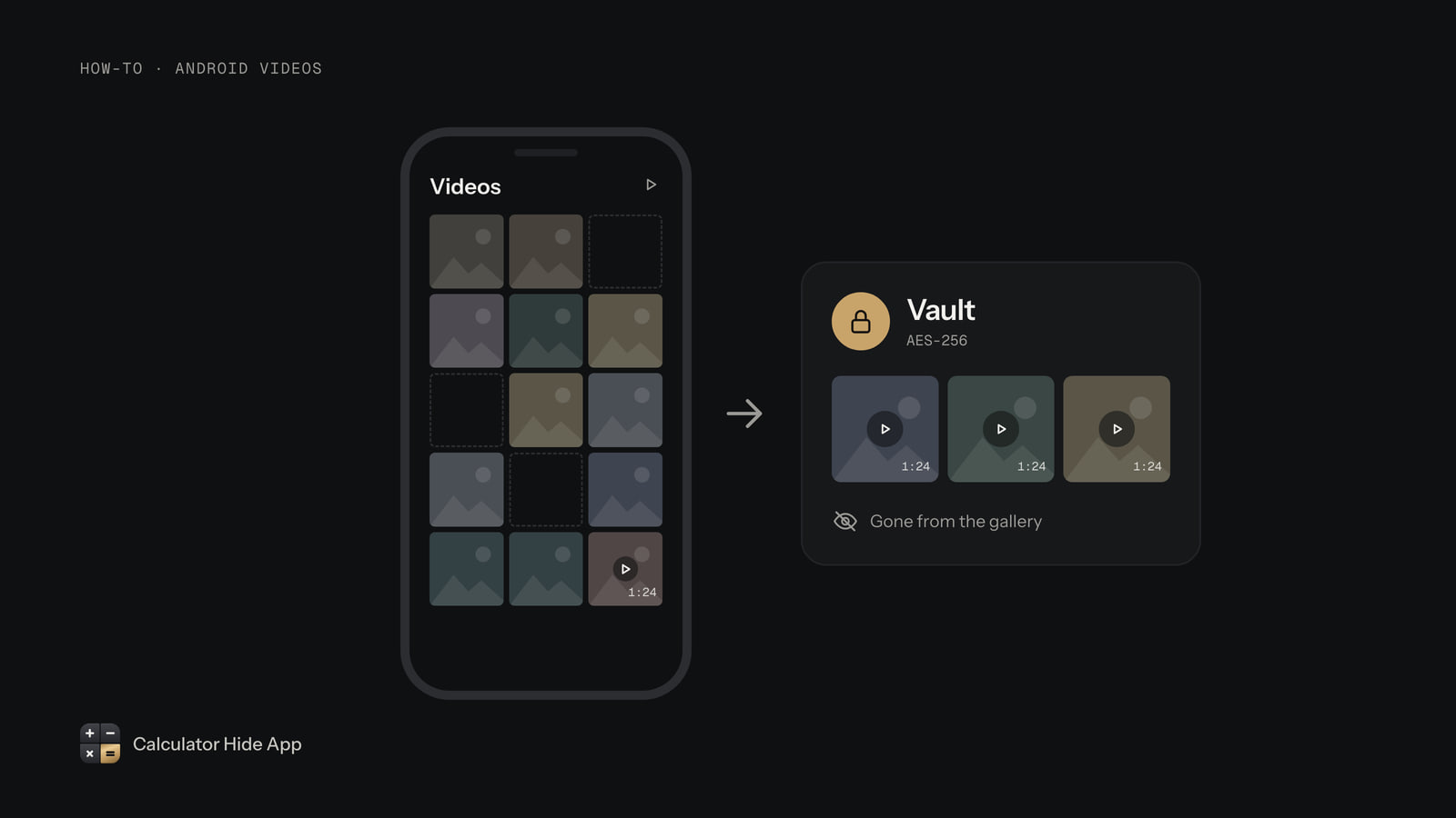 Videos moving from an Android gallery into a locked vault, removed from the gallery