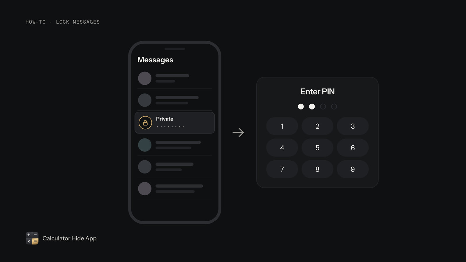 Android message list with a locked private conversation that asks for a PIN to open