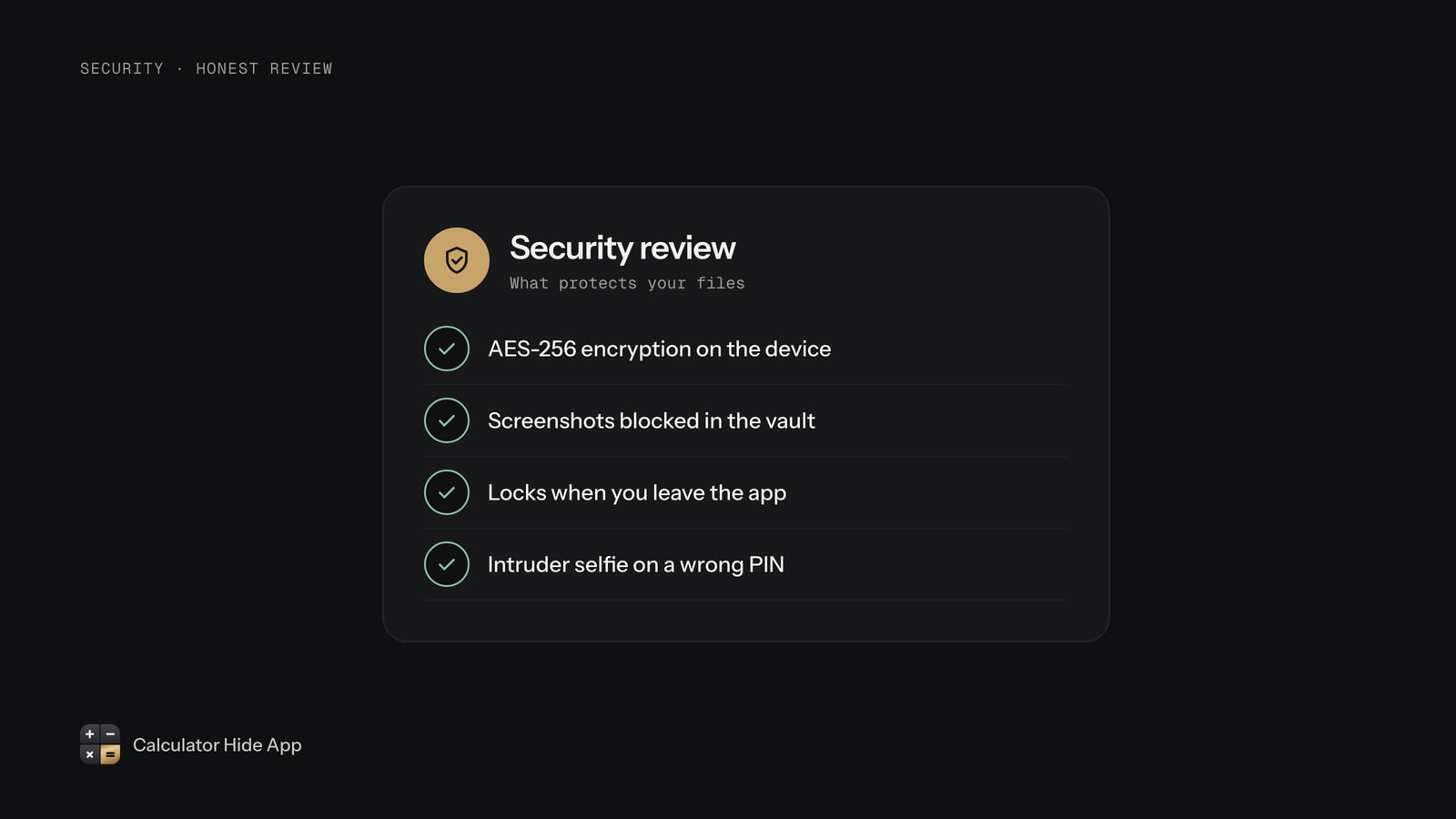 Security review checklist: AES-256 encryption, blocked screenshots, auto-lock and intruder selfie all ticked