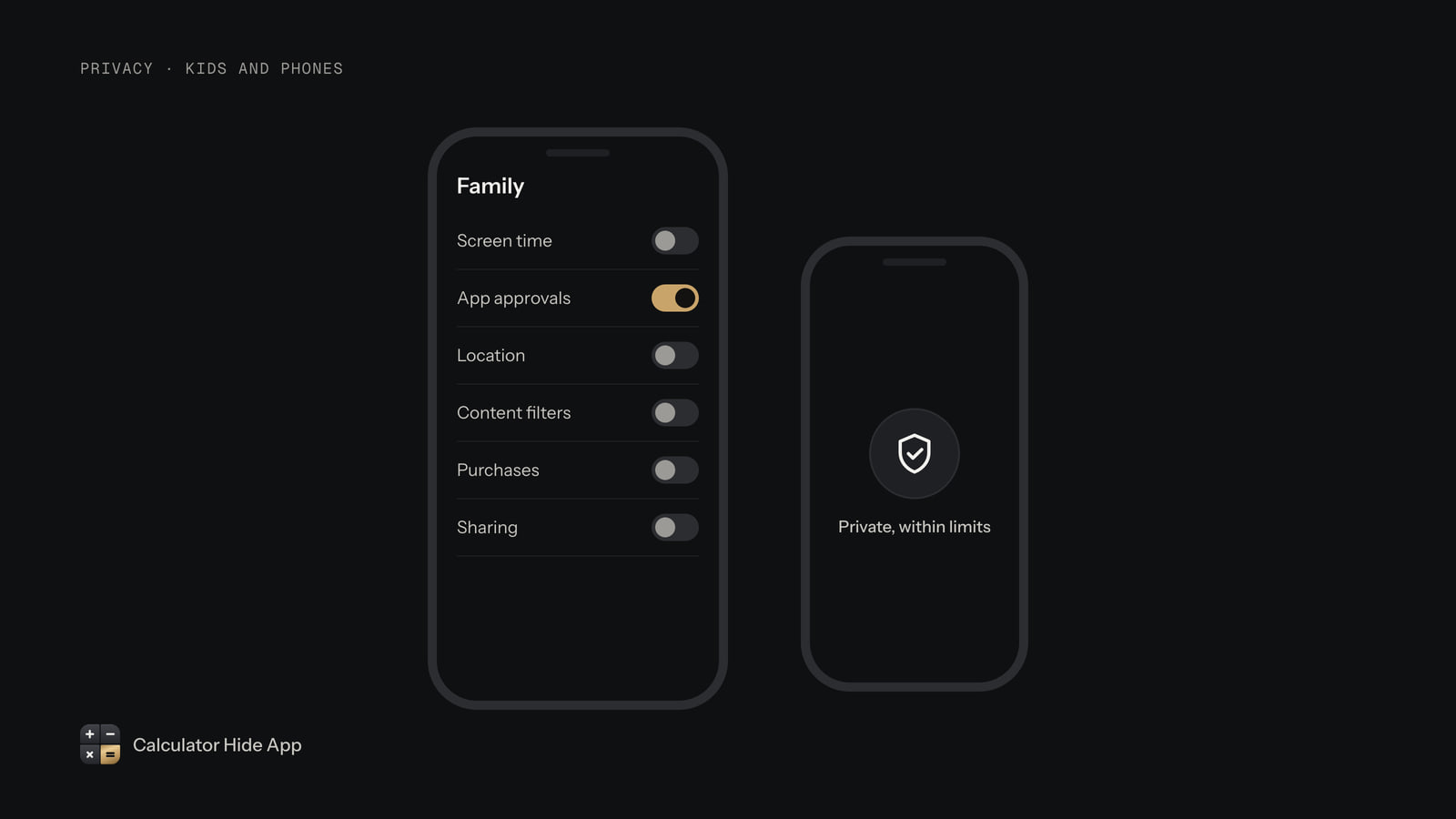 Parent phone with family controls beside a child phone shown as private within limits