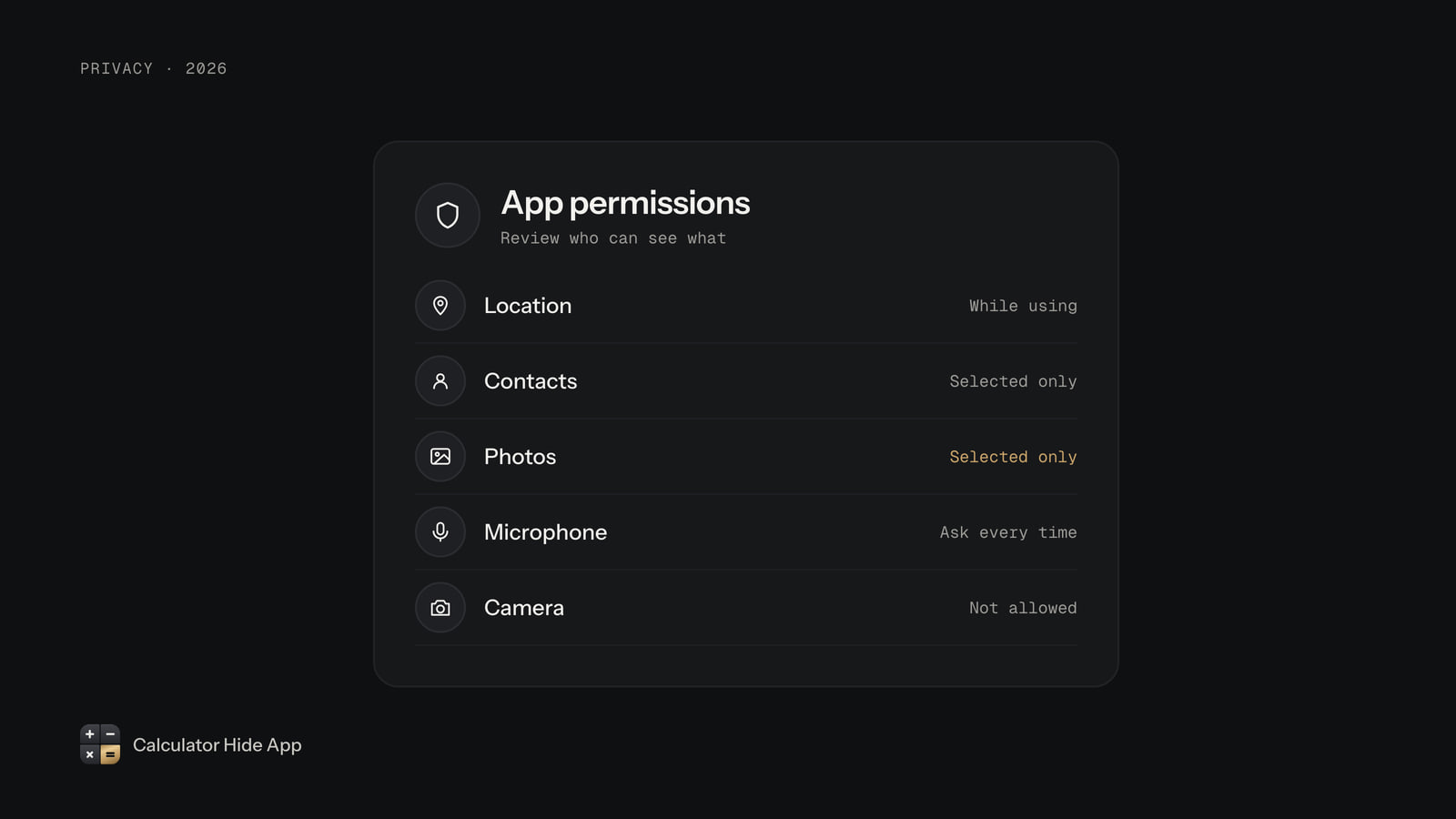 App permissions list for location, contacts, photos, microphone and camera