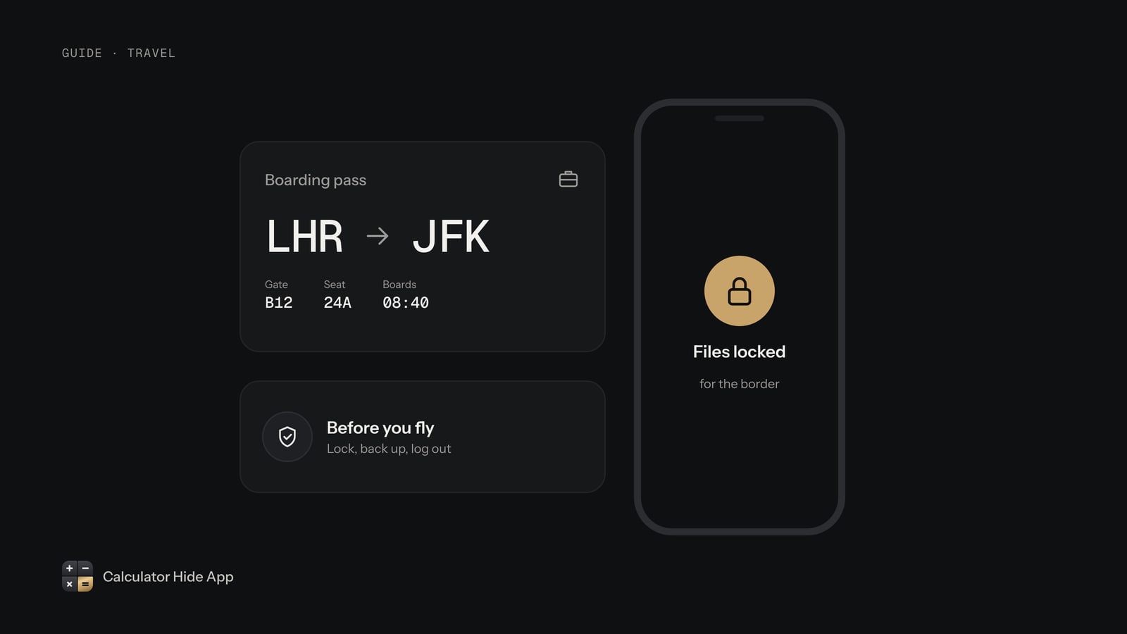 Boarding pass and a travel checklist beside a phone with private files locked for the border