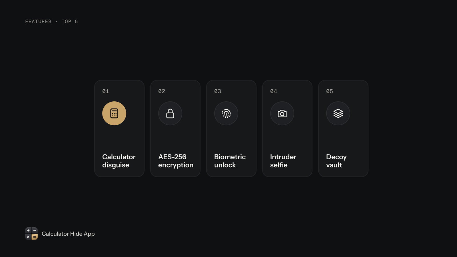 Top five features: calculator disguise, AES-256 encryption, biometric unlock, intruder selfie and decoy vault